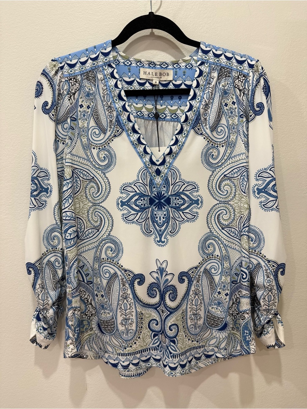 Blue & White Paisley V-Neck Blouse